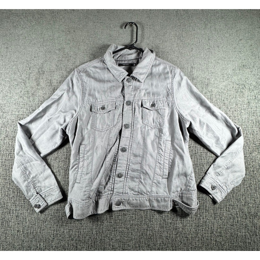 Tahari Womens Gray Denim Trucker Jacket Button Front Pockets Size L
